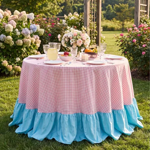 French Vintage Thickened Sunscreen Tablecloth Pink Gingham Ruffled Edge Round Rectangular Outdoor Picnic Garden Party Table Cover