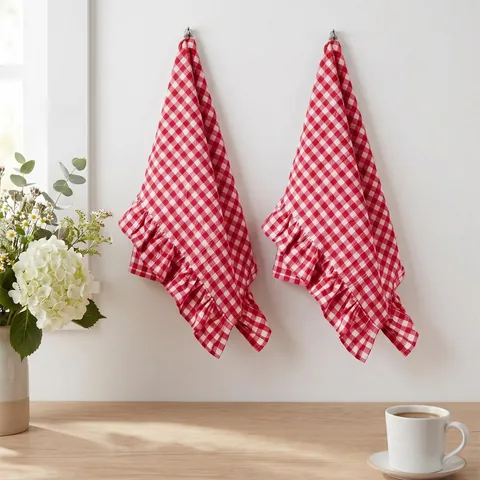 Gingham Ruffled Hand Towels Colored Cotton Plaid Absorbent Kitchen Towels Hanging Loop For Bathroom Home Decor Plaid Cloth