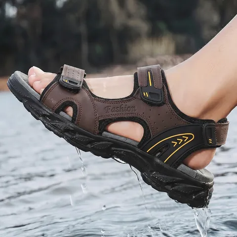 Men Outdoor Sandals First Layer Cowhide Genuine Leather Summer Beach Shoes Non-slip Breathable Hook and Loop Large Size Casual Footwear