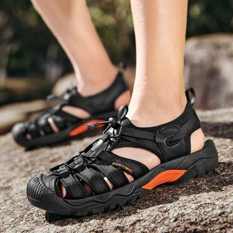 Herren Outdoor Strand Sandalen Zehenschutz Atmungsaktiv Mesh Sport Sandalen Rutschfeste Gummisohle Lässige Wanderschuhe Große Größe 48