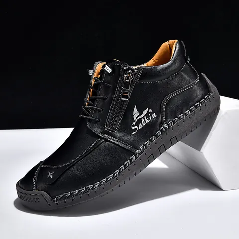 Unisex Hand-Stitched Casual Shoes Microfiber Leather Flat Martin Boots With Side Zipper Anti-Slip Rubber Sole Autumn Winter Walking Shoes