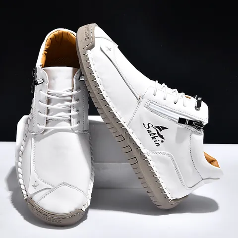 Unisex Hand-Stitched Casual Shoes Microfiber Leather Flat Martin Boots With Side Zipper Anti-Slip Rubber Sole Autumn Winter Walking Shoes