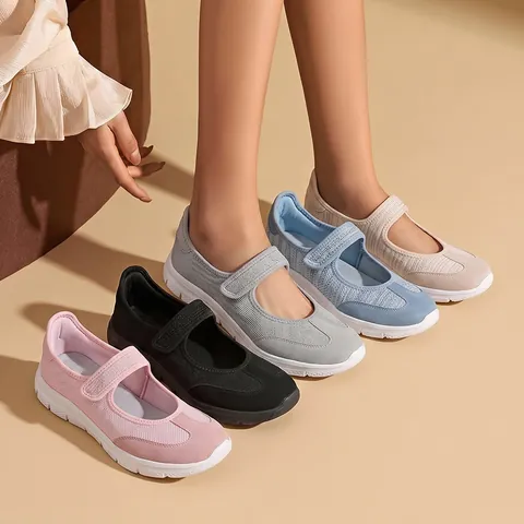 Zapatos Casuales Mary Jane para Mujer Parte Superior de Malla Flyknit Transpirable Suela de EVA Blanda Zapatos de Caminar Cómodos