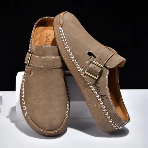Herren Britischer Stil Loafer Muiltjes PU Obermaterial Kontrastnaht Lässige Flache Schuhe Mit Metallschnalle Tägliches Gehen Schuhwerk