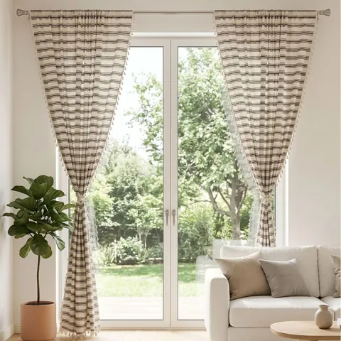 French Style Striped Tassel Curtains Rod Pocket Grommet Hook Top Semi-Transparent Polyester Cotton Blend Yarn-dyed Drapes For Living Room Bedroom Office Home Decor