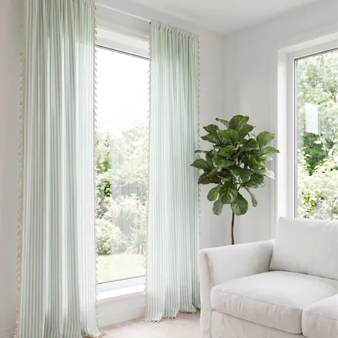 French Style Sage Green Striped Curtains With Tassels Translucent Gauze Curtain Panels Rod Pocket Grommet Top Window Treatment