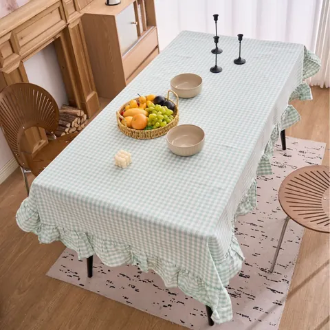 Nappe Vichy Rétro Mélange de Coton et Lin Nappe Rayée Avec Bord à Volants Couvre-Table Pastorale pour Décoration de Salle à Manger