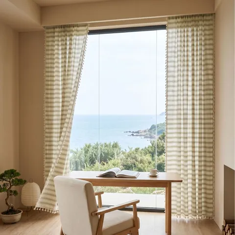French Vintage Green Striped Curtains Yarn Dyed Polyester Cotton Sheer Voile Window Drapes With Tassels For Living Room