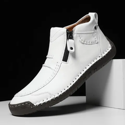 Men's Outdoor Casual Martin Boots Manual Stitching Zipper Flat Short Boots Microfiber Leather Rubber Sole Large Size Fashion Footwear