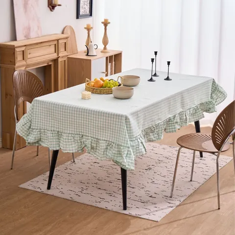 Nappe Vichy Rétro Mélange de Coton et Lin Nappe Rayée Avec Bord à Volants Couvre-Table Pastorale pour Décoration de Salle à Manger
