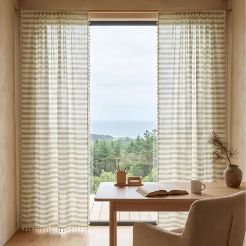 French Vintage Green Striped Curtains Yarn Dyed Polyester Cotton Sheer Voile Window Drapes With Tassels For Living Room