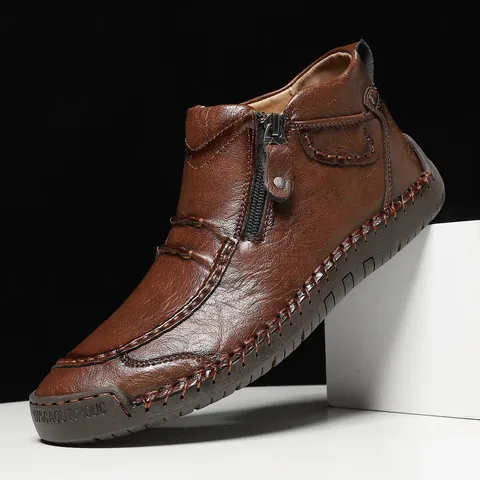 Men's Outdoor Casual Martin Boots Manual Stitching Zipper Flat Short Boots Microfiber Leather Rubber Sole Large Size Fashion Footwear