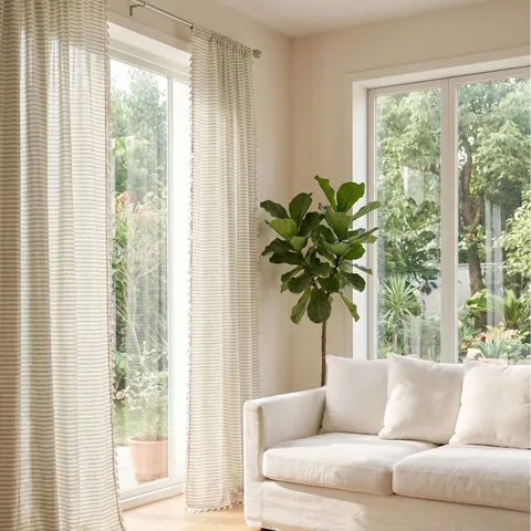 Moderne Französische Grün Gestreifte Karo Doppelseitige Quasten Vorhänge Für Wohnzimmer Schlafzimmer Polyester Baumwolle Garngefärbt Fenster Vorhänge
