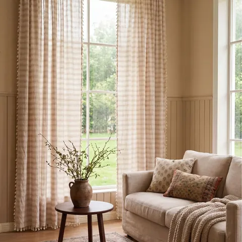 French Style Striped Sheer Curtains with Tassel Trim Polyester Cotton Light Filtering Drape Set For Living Room Bedroom