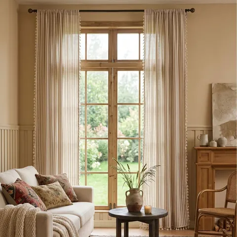 French Style Khaki Striped Sheer Curtain With Tassels Polyester Cotton Yarn Dyed Window Treatments For Living Room Bedroom