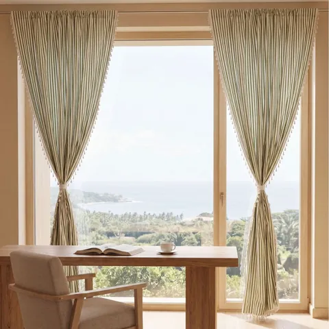 Cortinas de Ventana a Rayas Verdes y Blancas Estilo Francés Con Borlas Mezcla de Poliéster Algodón Teñido en Hilo para Sala de Estar Dormitorio