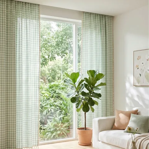 French Pastoral Sage Green Gingham Curtains Handmade Tassels Semi-Transparent Polyester Cotton Window Treatment Decor
