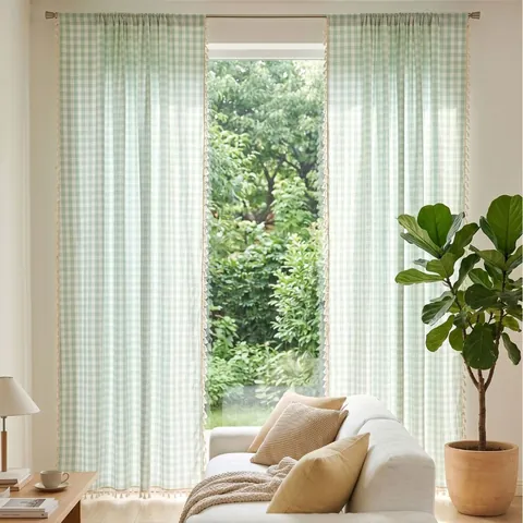French Pastoral Sage Green Gingham Curtains Handmade Tassels Semi-Transparent Polyester Cotton Window Treatment Decor