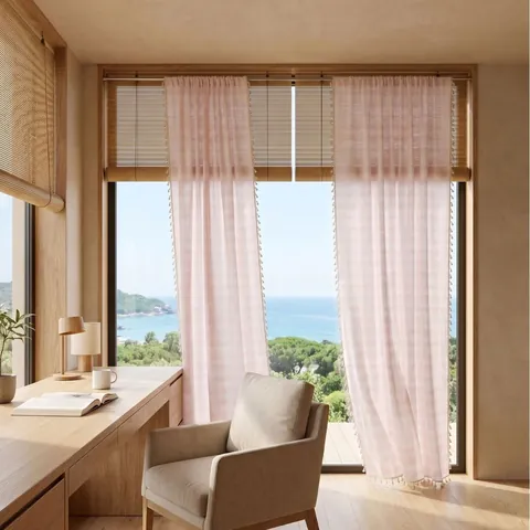 French Style Pink Striped Plaid Lace Sheer Curtains Yarn Dyed Polyester Cotton Translucent Drapes For Bedroom Living Room