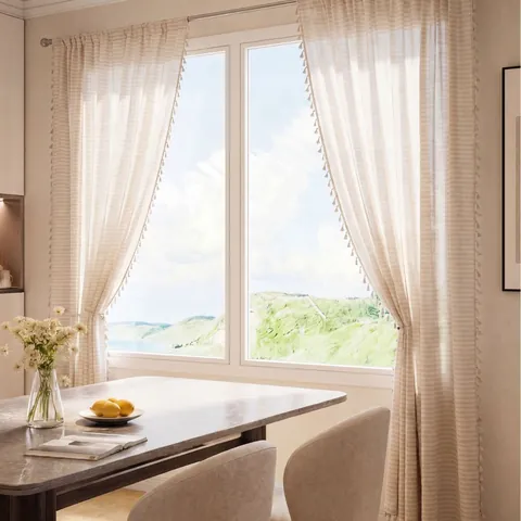 Cortinas Transparentes Estilo Ins Crema con Borlas Textura Lino Semitransparentes Rayas Horizontales para Sala Dormitorio