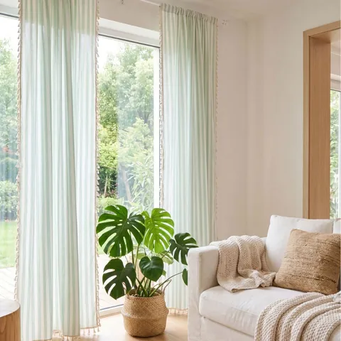 French Ins Style Sage Green Striped Sheer Curtain Cream Tassel Cotton Linen Semi-Transparent Yarn-Dyed Window Drape For Living Room