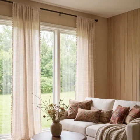 Cortinas Transparentes Estilo Ins Crema con Borlas Textura Lino Semitransparentes Rayas Horizontales para Sala Dormitorio