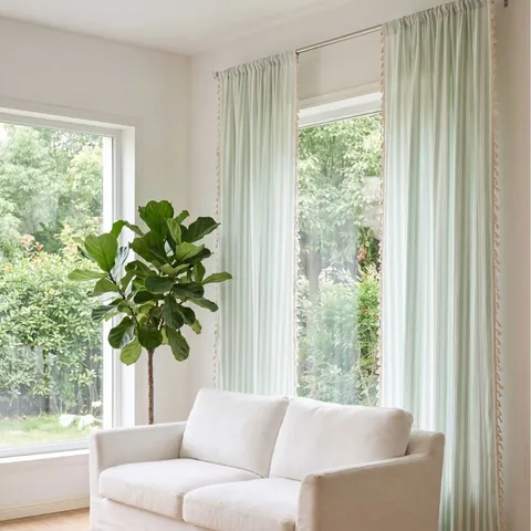 French Ins Style Sage Green Striped Sheer Curtain Cream Tassel Cotton Linen Semi-Transparent Yarn-Dyed Window Drape For Living Room