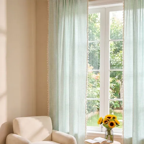 Modern Minimalist Sage Green Gingham Curtains Large Plaid Translucent Privacy Protection Window Drapes With Pom Pom Trim For Living Room Bedroom Study