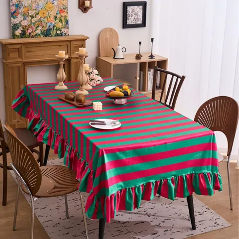 Europese Lichte Luxe Fluweel Gestreept Tafelkleed Met Rimpelrand Rechthoekig Salontafelkleed Voor Banket Huis Decor