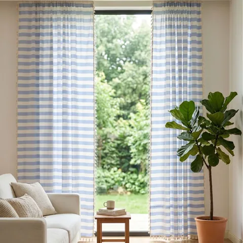 American Retro Tassel Curtain Blue White Striped Polyester Cotton Semi Blackout Living Room Window Treatment Bedroom Decor