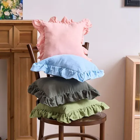 French Ruffle Decorative Pillowcase Solid Color Polyester Cotton Cushion Cover Vintage Farmhouse Style For Living Room Sofa