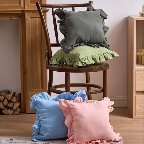 French Ruffle Decorative Pillowcase Solid Color Polyester Cotton Cushion Cover Vintage Farmhouse Style For Living Room Sofa