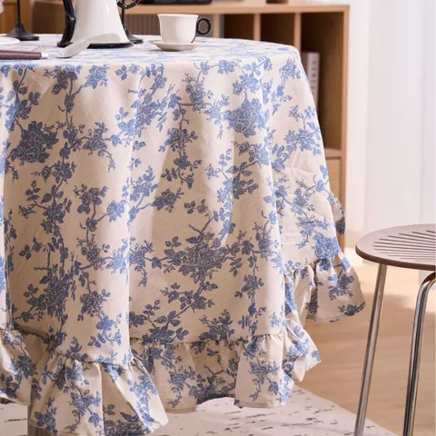 French Vintage Floral Plaid Round Tablecloth with Ruffle Edges Cotton Linen Printed Table Cover for Dining Room Home Decor