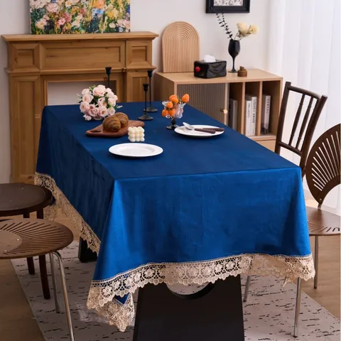 Luxe Fluwelen Tafelkleed Met 3D Bloemen Borduursel Kantafwerking Rechthoekig Voor Banket Bruiloft Huisdecoratie