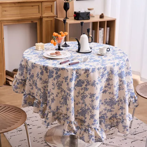 French Vintage Floral Plaid Round Tablecloth with Ruffle Edges Cotton Linen Printed Table Cover for Dining Room Home Decor