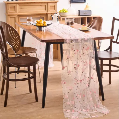 Pastoral 3D Flower Embroidered Lace Table Runner Polyester Relief Mesh Dresser Scarf Wedding Party Dining Room Home Decor