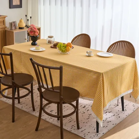 Pastoral Gingham Plaid Tablecloth With Lace Edge Polyester Cotton Blend Rectangular Table Cover For Kitchen Dining Home Decor