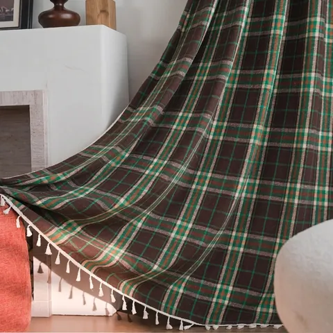 French Retro Plaid Curtain With Tassels Cotton Linen Yarn Dyed Tartan Semi Shading Drape For Kitchen Bedroom Christmas Decor