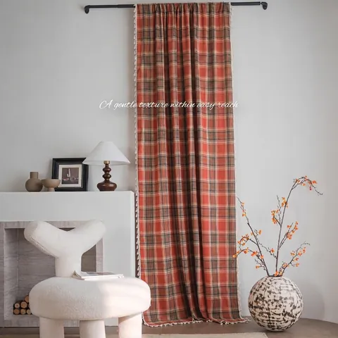 French Vintage Orange Plaid Yarn-dyed Finished Curtains With White Tassels Semi-blackout Kitchen Bay Window Curtain For Home Decor