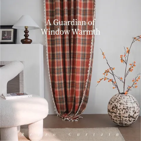 French Vintage Orange Plaid Yarn-dyed Finished Curtains With White Tassels Semi-blackout Kitchen Bay Window Curtain For Home Decor