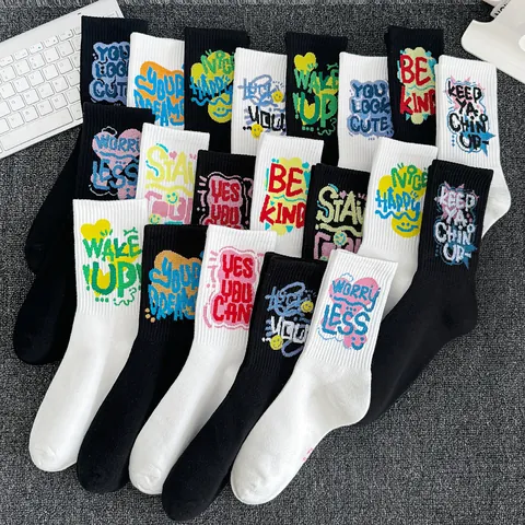 Unisex Crew Sports Socks Streetwear Graffiti Printed Letter Socks For Basketball Casual Daily Wear Polyester Socks