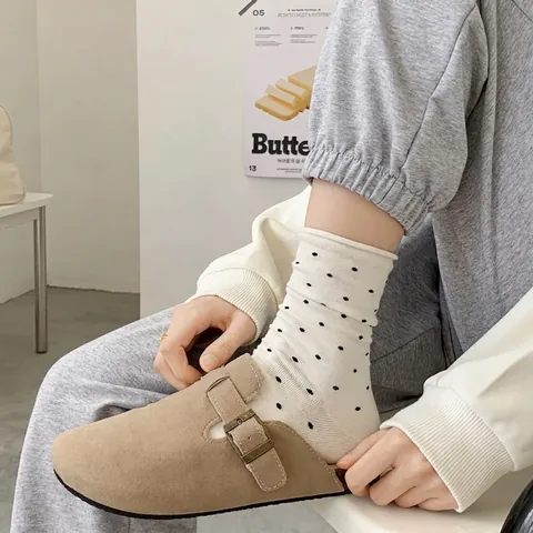 Women Korean Style Rolled Edge Polka Dot Crew Socks Polyester Antibacterial Breathable Preppy Fashion Casual Daily Socks