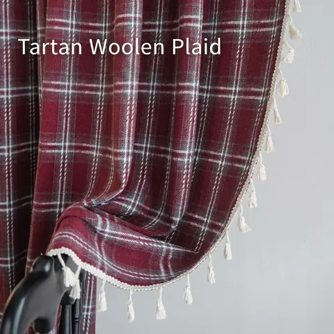 French Retro Red Plaid Christmas Curtain Yarn-dyed Wool-like Cotton Semi-shading Curtain with Tassels for Kitchen Window