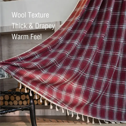 French Retro Red Plaid Christmas Curtain Yarn-dyed Wool-like Cotton Semi-shading Curtain with Tassels for Kitchen Window