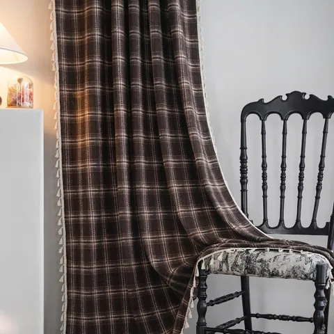 French Vintage Coffee Plaid Tassel Window Curtain Semi-shading Yarn-dyed Cotton Linen Drape For Kitchen Bedroom Christmas Decor