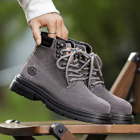British Style Men's Martin Boots Pigskin Leather Ankle Work Boots Lace Up Non Slip Casual Outdoor Men's Short Boots