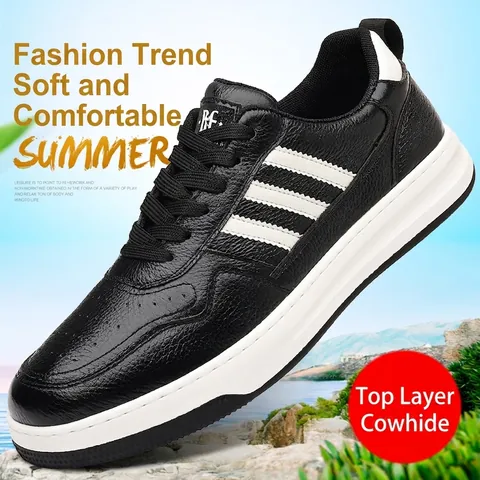 Men Fashion Casual Skateboard Shoes Premium Leather Low Top Sneakers Summer Lightweight Breathable Walking Shoes For Men