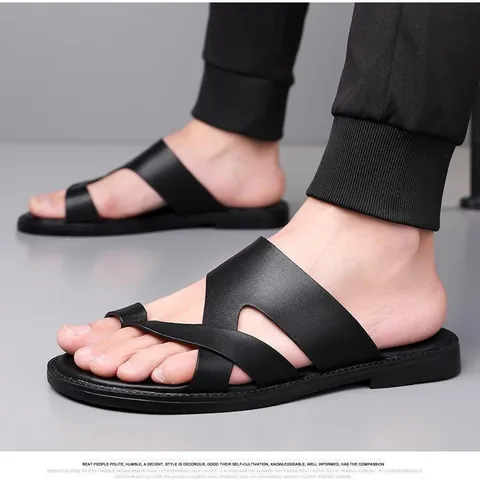 Men's Plus Size Cowhide Toe Ring Sandals Summer Beach Cross Strap Slides Non-Slip Casual Leather Slippers Brown Black