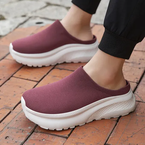 Unisex Casual Sock Shoes Men Women Half Slippers Thick Sole Breathable Fly-knit Mules Slip-on Platform Fashion Sneakers Footwear