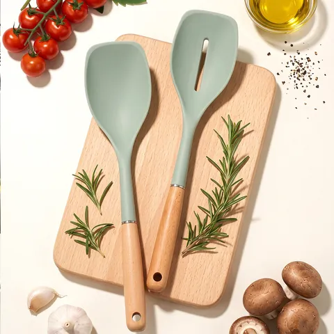 Silicone Kitchenware Set Beech Wood Handle Heat Resistant Non-stick Cooking Spatula Salad Spoon Colander Tools For Home